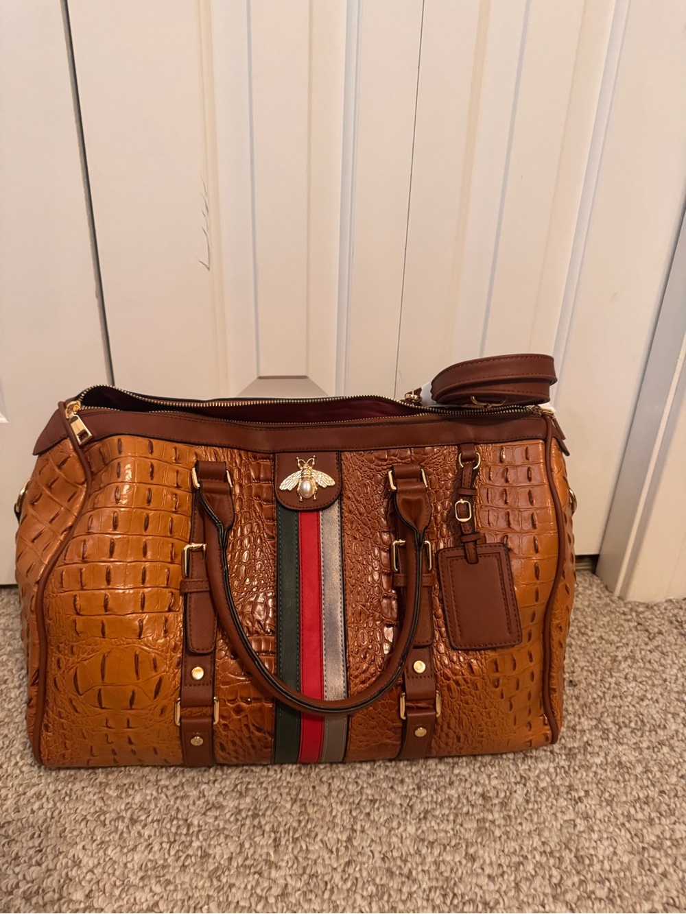 Brown Croc-Embossed Duffel Bag with Stripe and Bee Accent